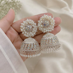 Silver Plated Pearl & Iridescent Crystal Jhumka Earrings