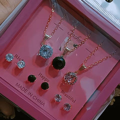 Multi-Color Crystal Pendant Necklace & Matching Studs Set