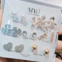 7-Day Weekly Stud Earrings Set - Pearl, Butterfly, Heart, and Crystal Studs