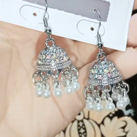 Silver Oxidized Rhinestone & Pearl Jhumka Dangle Earrings