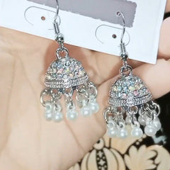 Silver Oxidized Rhinestone & Pearl Jhumka Dangle Earrings