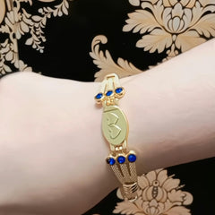 Gold Plated Engraved Heart Link Bracelet with Blue Crystal Accents