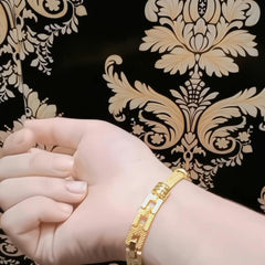 Gold Plated Engraved Heart Link Bracelet with Blue Crystal Accents