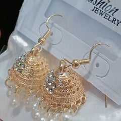 Gold Plated Mini Jhumka Earrings with Clear Rhinestones & Pearl Drops