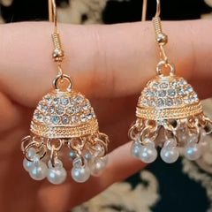 Gold Plated Mini Jhumka Earrings with Clear Rhinestones & Pearl Drops