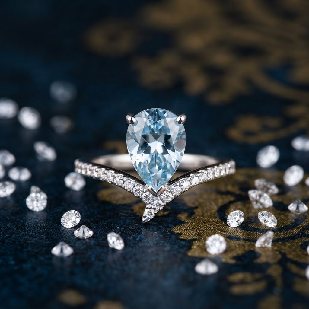 Vintage Pear Cut Light Blue Gemstone V-Shape Solitaire Ring
