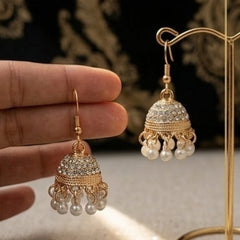 Gold Plated Mini Jhumka Earrings with Clear Rhinestones & Pearl Drops
