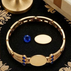 Gold Plated Engraved Heart Link Bracelet with Blue Crystal Accents