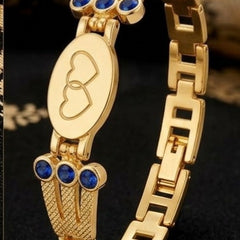 Gold Plated Engraved Heart Link Bracelet with Blue Crystal Accents