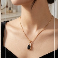 Gold Plated Emerald Cut Black Gemstone Pendant Necklace with Cubic Zirconia Halo
