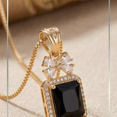 Gold Plated Emerald Cut Black Gemstone Pendant Necklace with Cubic Zirconia Halo