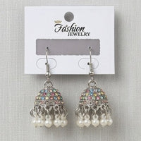 Silver Oxidized Rhinestone & Pearl Jhumka Dangle Earrings