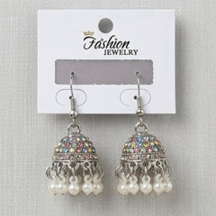 Silver Oxidized Rhinestone & Pearl Jhumka Dangle Earrings
