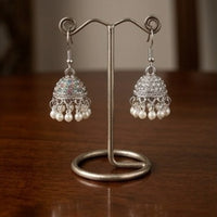 Silver Oxidized Rhinestone & Pearl Jhumka Dangle Earrings