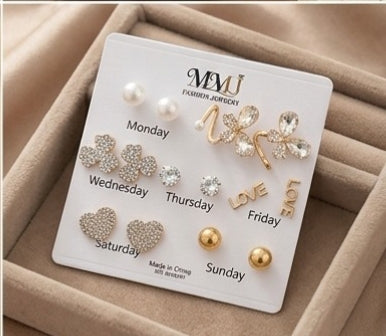 7-Day Weekly Stud Earrings Set - Pearl, Butterfly, Heart, and Crystal Studs