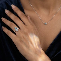 Silver Plated Pear Cut Aquamarine Blue Crystal Chevron Ring