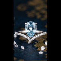 Silver Plated Pear Cut Aquamarine Blue Crystal Chevron Ring
