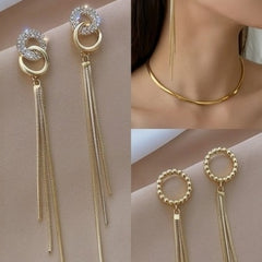 Gold Plated Interlocking Ring Zircon Stud Long Tassel Earrings