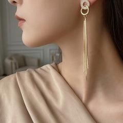 Gold Plated Interlocking Ring Zircon Stud Long Tassel Earrings
