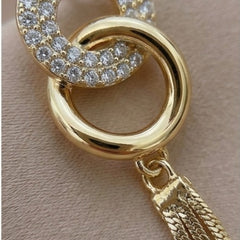 Gold Plated Interlocking Ring Zircon Stud Long Tassel Earrings