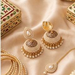 Gold Plated Pearl Cluster Teardrop Stud Jhumka Earrings