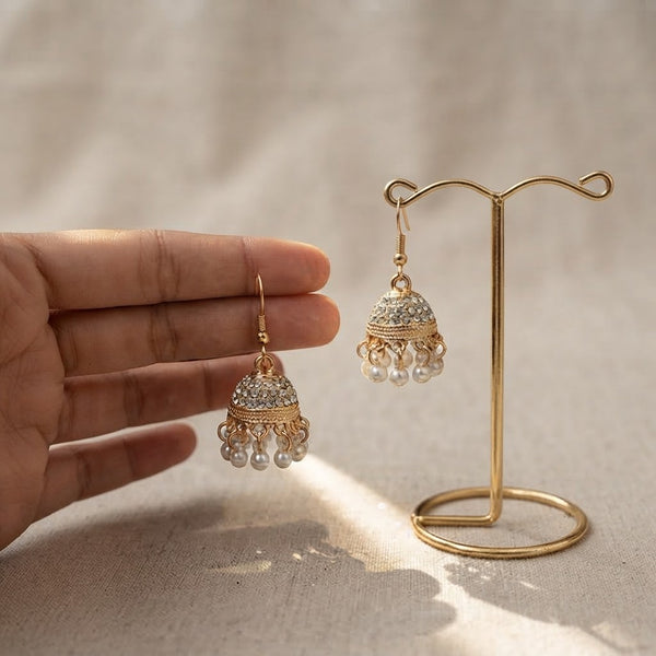 Gold Plated Mini Jhumka Earrings with Clear Rhinestones & Pearl Drops