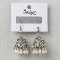Silver Oxidized Rhinestone & Pearl Jhumka Dangle Earrings