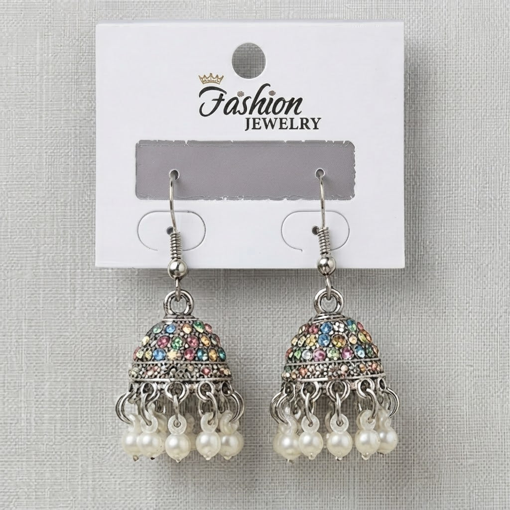 Silver Oxidized Rhinestone & Pearl Jhumka Dangle Earrings