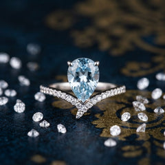 Silver Plated Pear Cut Aquamarine Blue Crystal Chevron Ring