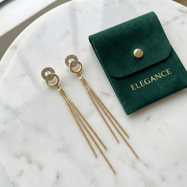 Gold Plated Interlocking Ring Zircon Stud Long Tassel Earrings