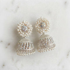 Silver Plated Pearl & Iridescent Crystal Jhumka Earrings