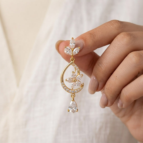 18K Gold Plated Zircon Crystal Floral Teardrop Earrings