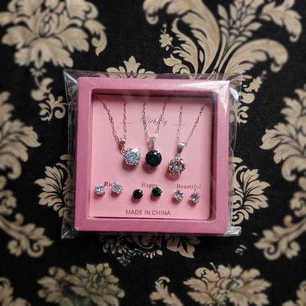 Multi-Color Crystal Pendant Necklace & Matching Studs Set