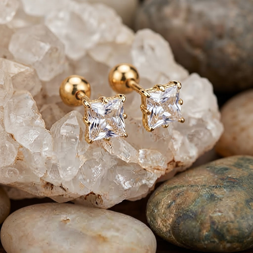 Gold Plated Square Cubic Zirconia Screw Back Stud Earring
