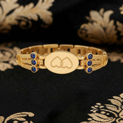 Gold Plated Engraved Heart Link Bracelet with Blue Crystal Accents