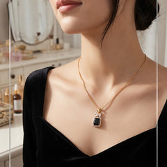 Gold Plated Emerald Cut Black Gemstone Pendant Necklace with Cubic Zirconia Halo