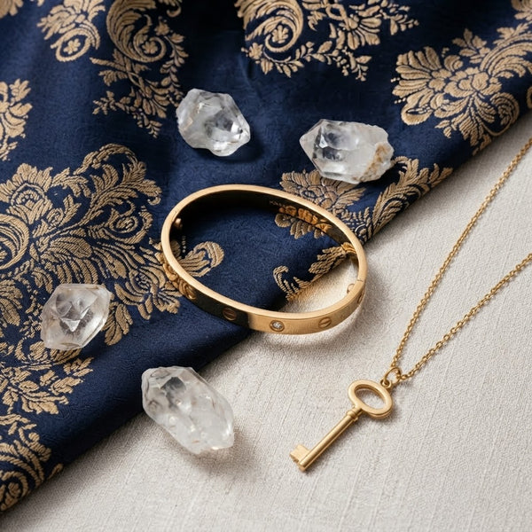 Gold Plated Screw Motif Bangle Bracelet with Crystal Accents
