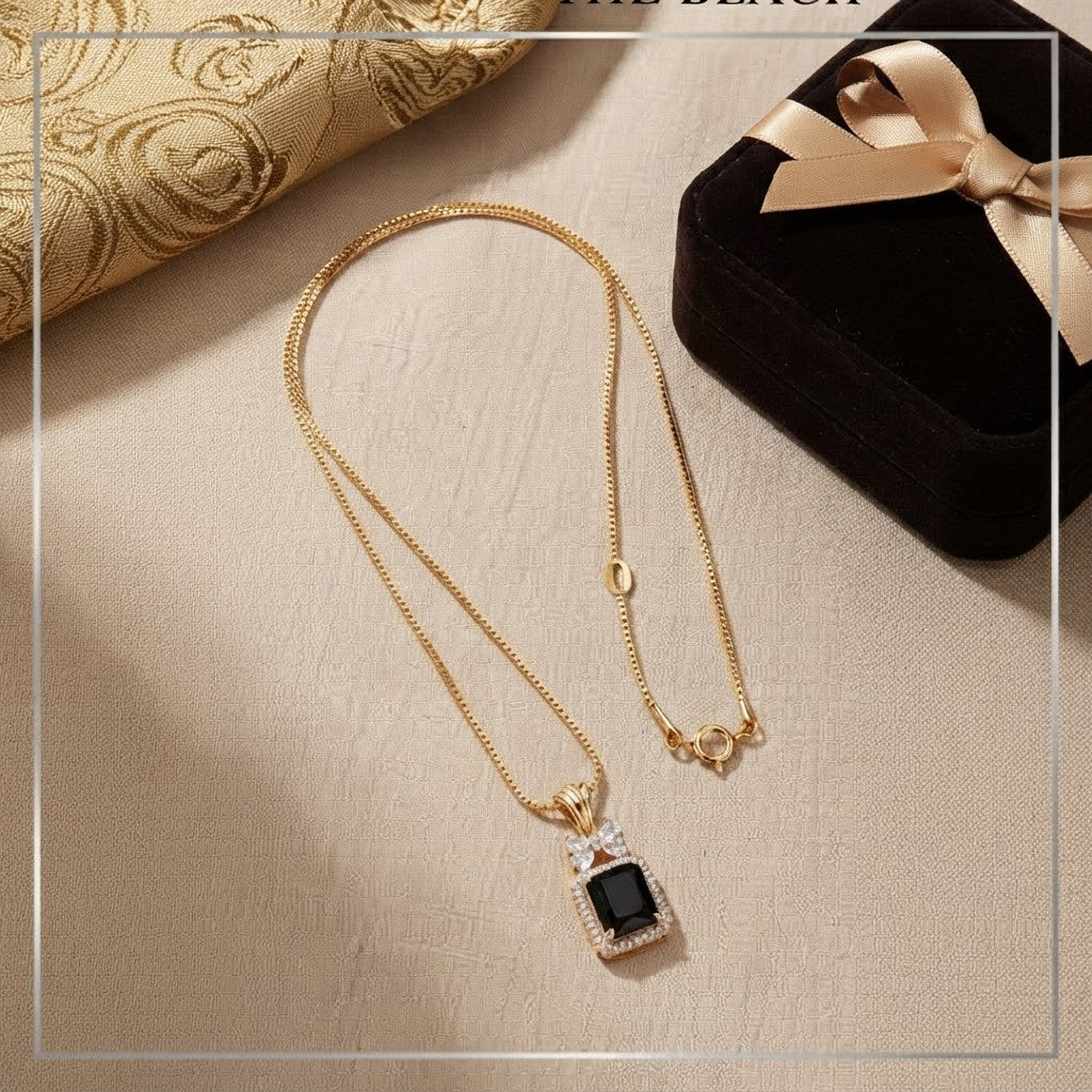 Gold Plated Emerald Cut Black Gemstone Pendant Necklace with Cubic Zirconia Halo