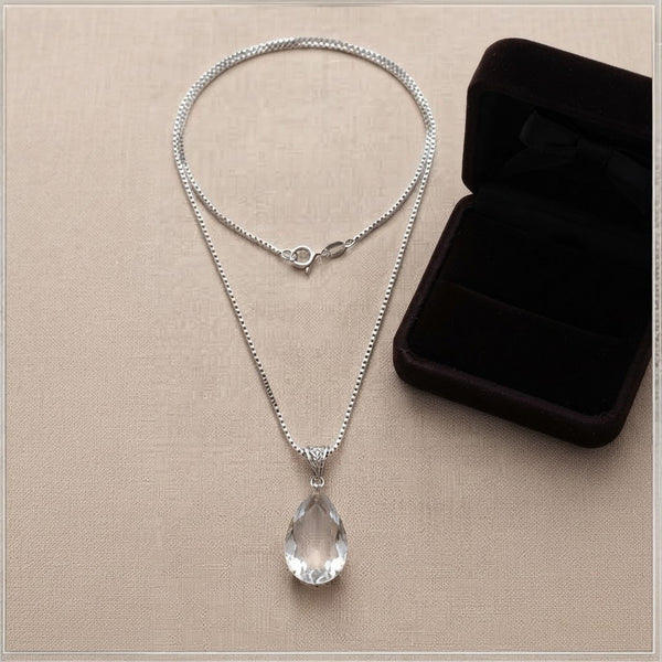 Silver Plated Teardrop Crystal Pendant Necklace with Box Chain