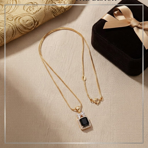 Gold Plated Emerald Cut Black Gemstone Pendant Necklace with Cubic Zirconia Halo
