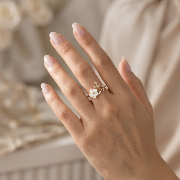 Dainty White Shell Blossom Gold Ring