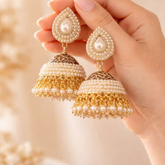 Gold Plated Pearl Cluster Teardrop Stud Jhumka Earrings