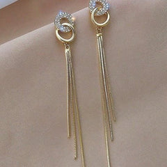 Gold Plated Interlocking Ring Zircon Stud Long Tassel Earrings